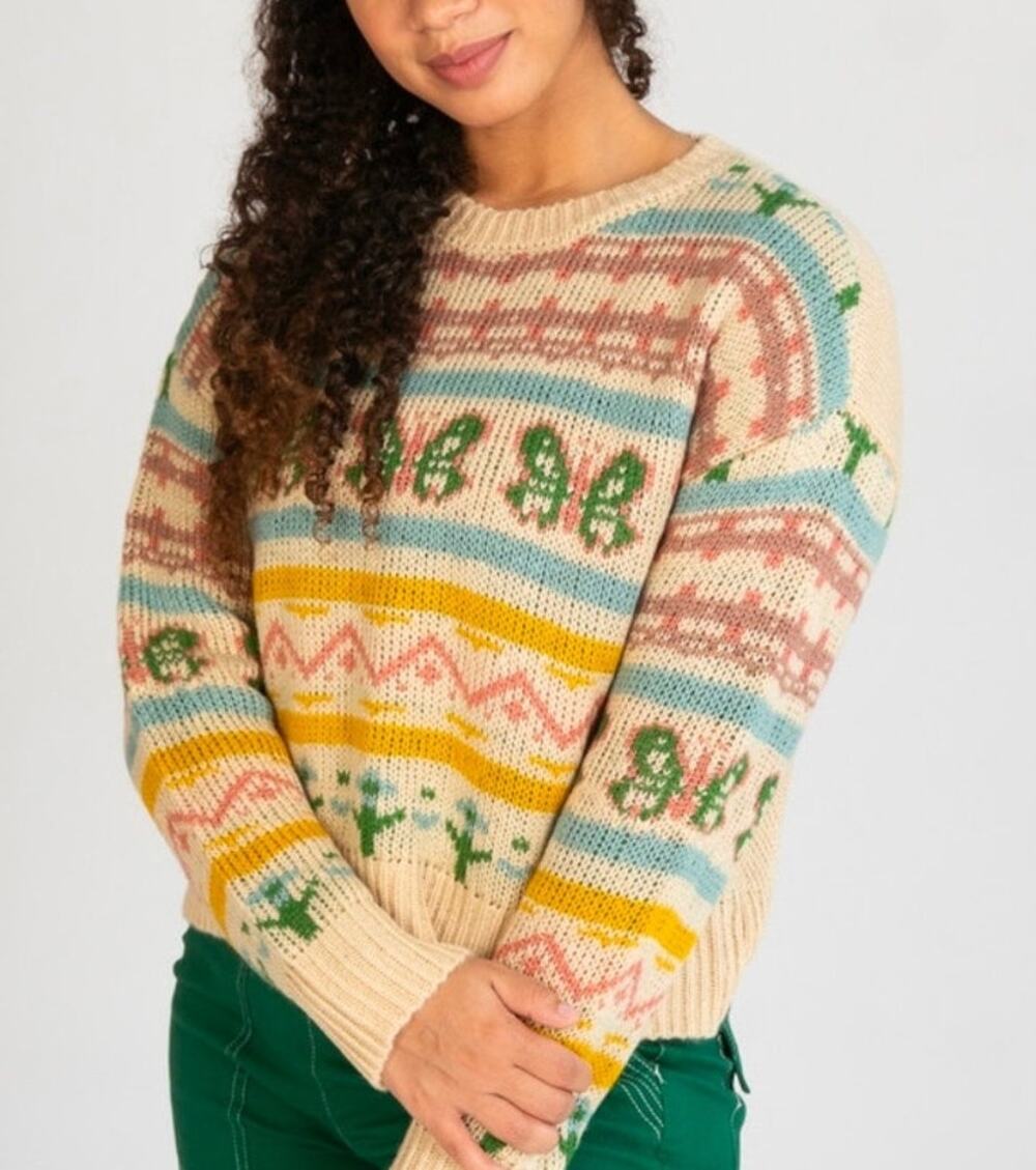 No Comment Butterfly Fair Isle Knit Sweater Cream Pink Blue Green Large
